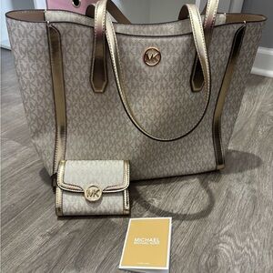 Michael Kors Tan and Gold Signature Tote with matching wallet